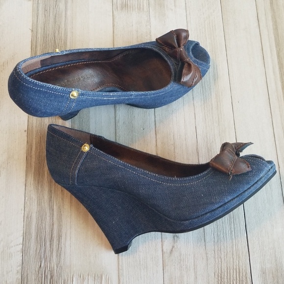 denim peep toe wedges